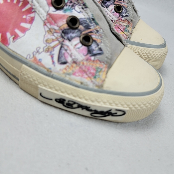 Ed Hardy Laceless Sneakers Men's Shoes Size 9 Gray Slip-On Skulls Japanese Sun - Picture 8 of 14